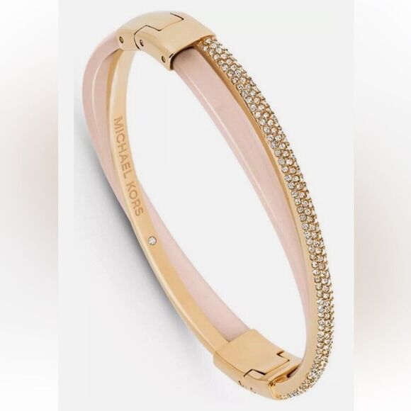 MICHAEL KORS Pink Acetate Pavé Gold-Tone Blush Bangle Bracelet! - Picture 2 of 5